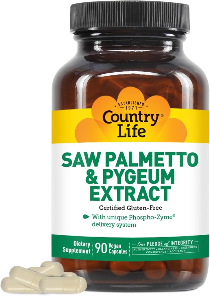 Country Life Saw Palmetto & Pygeum Extract - Suplemento de salud de próstata para la salud de los hombres - promueve la función sana del tracto urinario, 90 cápsulas