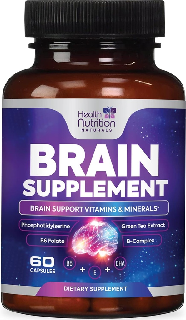 Suplementos cerebrales para la memoria y el foco - Cápsulas nootrópicas Decaffeinadas para la concentración, alerta, apoyo cognitivo - Phosphatidylserine, DMAE, salud cerebral Vitaminas B6 C E Zinc - 60 cápsulas