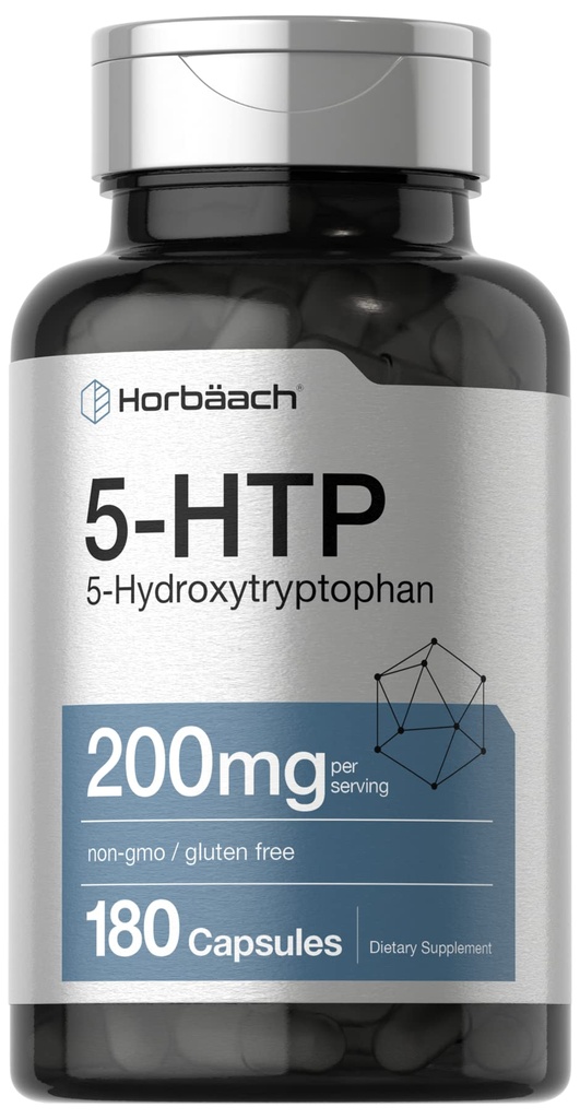 Horbäach 5HTP 200mg Suplemento TEN 180 Capsules TENIDO 5 Hydroxytryptophan TEN Griffonia Simplicifolia TEN Extra Strength ANTE Non-GMO, Gluten Free