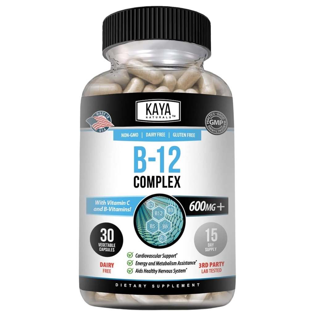 Kaya Naturals B-12 Complejo ← Suplemento Multivitamínico para Mujeres &amp; Hombre Energía y Metabolismo Booster Silencio B-Complex Vitamina con Biotina, Choline, Inositol, Folate y Vitamina C - 30 cápsulas