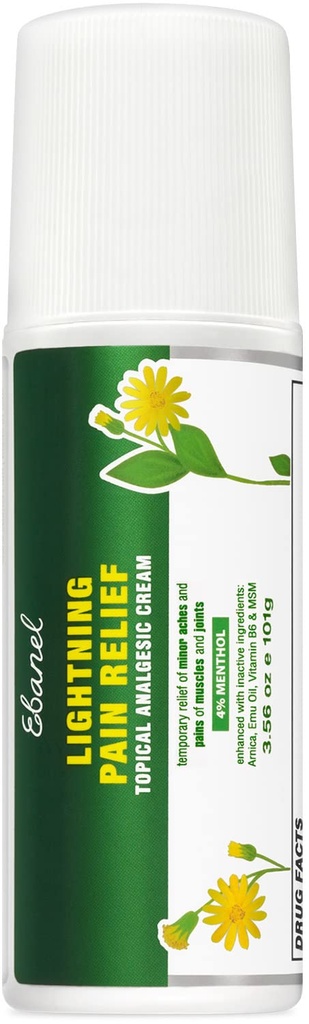 Ebanel Pain Relief Roll On for Arthritis, Foot, Back, Joint, Neck, Strains &amp; Sprains with Menthol, Camphor, Arnica, Emu Oil, MSM, Boswellia, Targeted Muscle Doin Relief Roll On