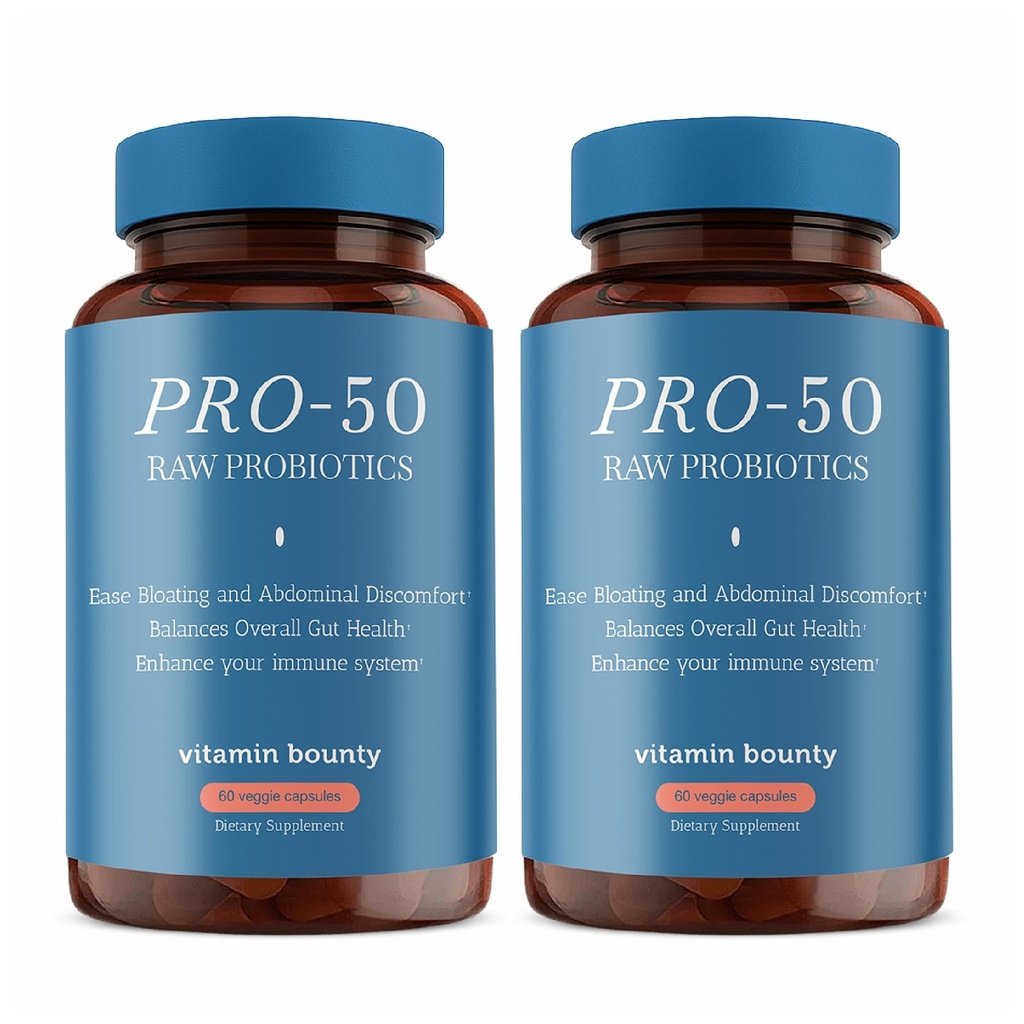 Vitamina Bounty Pro-50 Probiótico 50 Billones CFU - 13 Suplemento de Strain para Hombres y Mujeres + Prebióticos - Salud Digestiva " Gut Support - Lactobacillus " Bifidobacterium - Delayed Release Capsules, 2 Pack