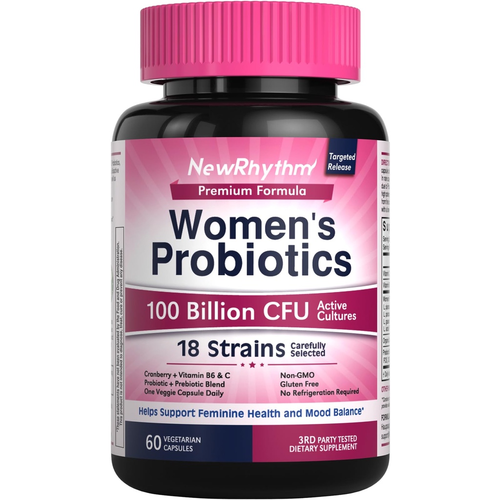 NewRhythm Probiotics for Women, P-5-P, Vitamin C & Organic Cranberry, 100 Billion CFU 18 Strains, Prebióticos & Vaginal Probiotics for Digestive Health & PH Balance, 60 cápsulas, No lácteos