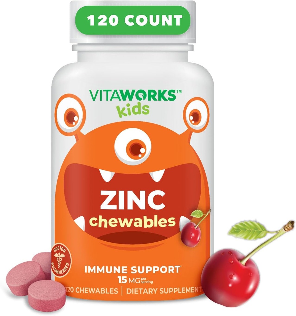 Niños Zinc 15mg Tablas Chewable - Natural Cherry Flavor - Vegan, Vegetariano, GMO-Free, Nut Vitaminas Gratis - Suplemento dietético para el soporte de inmunológico - para niños - 120 Chewables