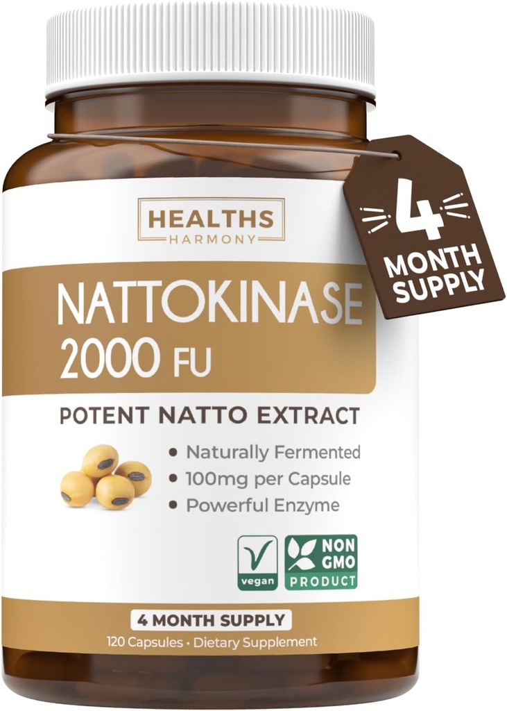 Salud Armonía Nattokinase 2000 FU (No-GMO) Potente suplemento de Nattokinasa Hecho de soya naturalmente fermentada - (4 mes de suministro) 120 Vegan Natto Capsules