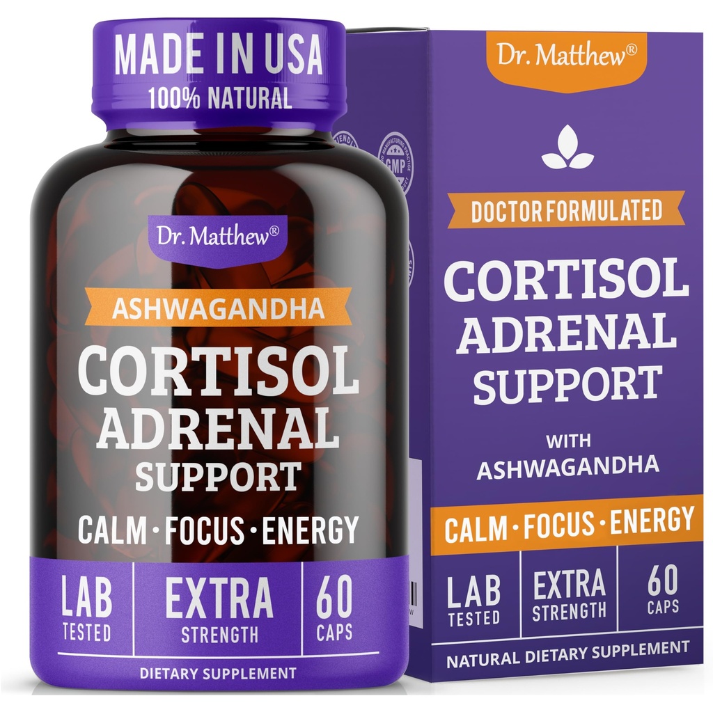 Dr. Matthew Cortisol Reductor Suplemento para Mujeres. Soporte Adrenal con Ashwagandha, Rhodiola &amp; Ginseng – Un Cocktail Detox al Bajo Cortisol &amp; Ayuda Relajación, calma y descanso