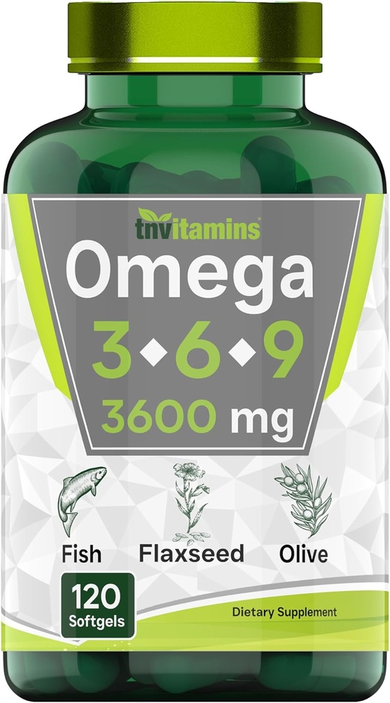 Triple Omega 3 ◆ 9: 3600mg x 120 Softgels ← Omega ácidos grasos esenciales de aceite de pescado (EPA & DHA), Flaxseed (ALA & LA), " Aceite de oliva (OA)