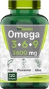 Triple Omega 3 ◆ 9: 3600mg x 120 Softgels ← Omega ácidos grasos esenciales de aceite de pescado (EPA & DHA), Flaxseed (ALA & LA), " Aceite de oliva (OA)