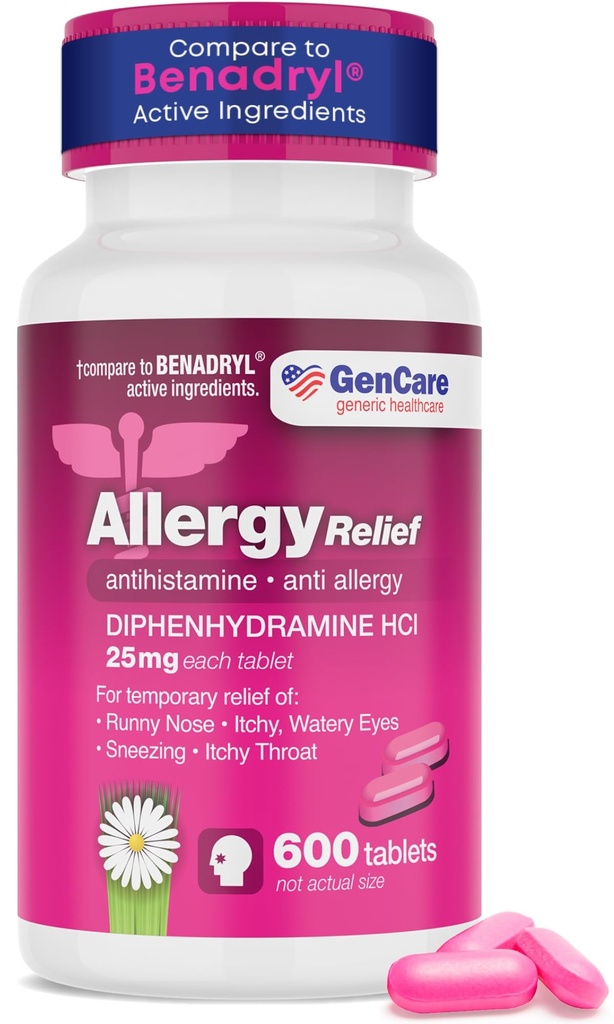 GenCare - Alivio de la alergia Medicina ← Antihistamine Diphenhydramine 25mg (600 Tablets Por Bottle) Value Pack Silencio Relieve for Itchy Eyes, Sneezing, Runny Nose TEN Seasonal or Indoor &amp; Outdoor Allergies