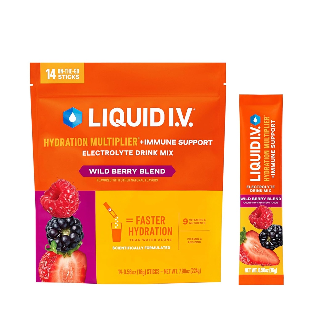 Liquid I.V.® Hydration Multiplier® +Inmune Support - Wild Berry - Hydration Powder Packets ← Electrolyte Powder Drink Mix ← Conveniente Single-Serving Sticks ← Non-GMO TEN14 Servings (Pack of 12)