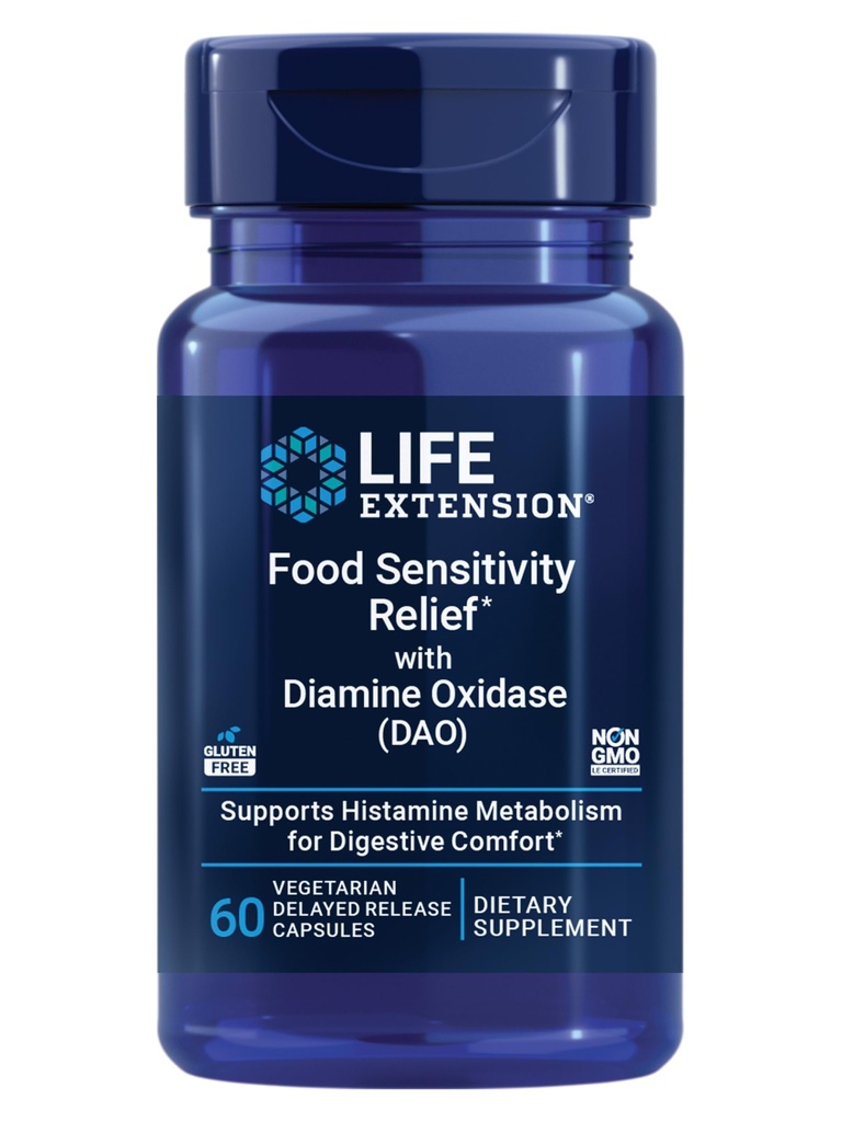 Extensión de la vida Alimento de Sensibilidad con Oxidase de Diamina (DAO), Gas ocasional, Confort Digestivo, Sensibilidad de histamina, Suplemento DAO Enzyme, Gluten Libre, No GMO, Vegetariano, 60 cápsulas