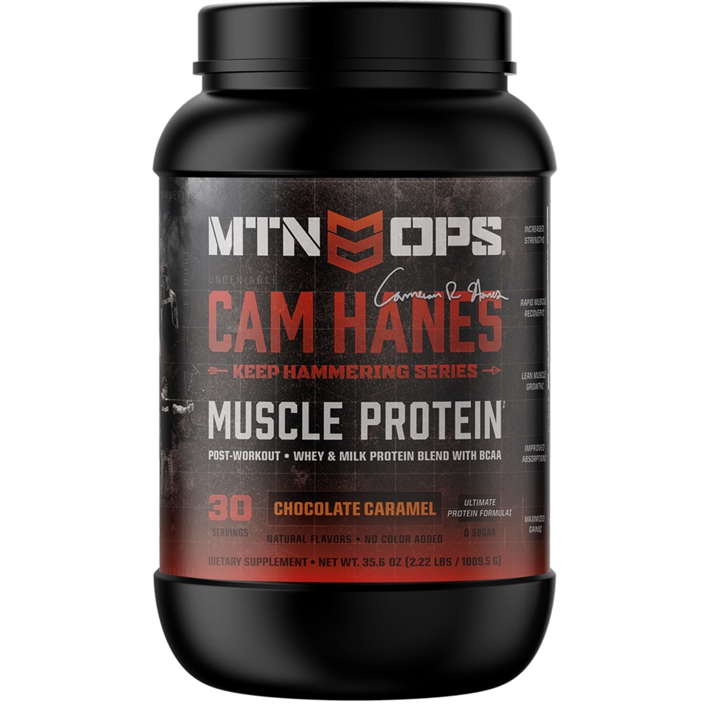 MTN OPS Cameron Hanes Sigue Hammering Whey Protein Powder, Chocolate Caramel Flavor, 30 Servings