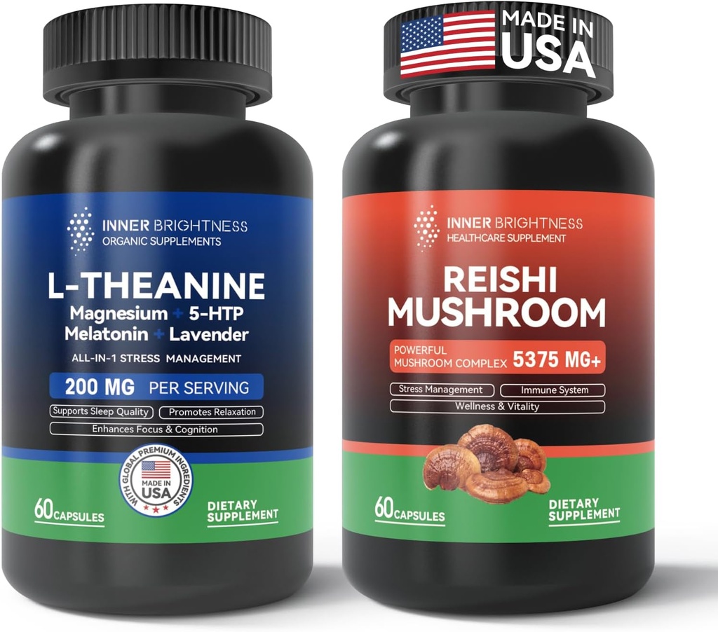 Reishi Mushroom Suplemento con Cordyceps + L Theanine 200mg, Magnesium, 5-HTP &amp; Melatonina para el sueño, Focus &amp; Mood Support