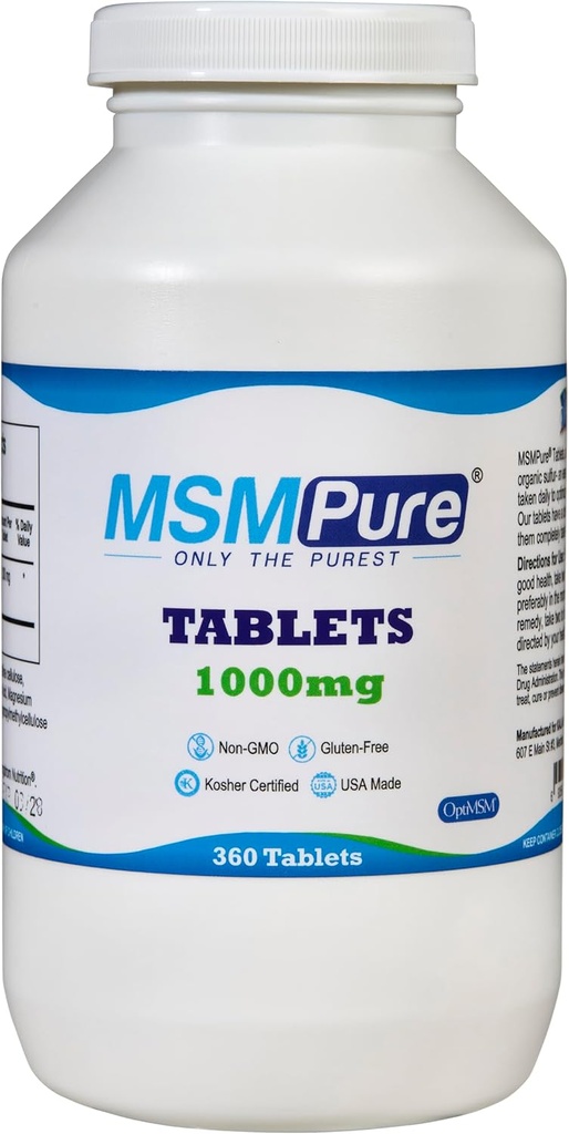 KALA HEALTH MSMPure MSM Tablets – 1000 mg US-Made MSM por Tablet for Joint Health, Skin Appearance, Hair & Nail Support – Coated for Easy Swallowing, Tasteless – 360 Count