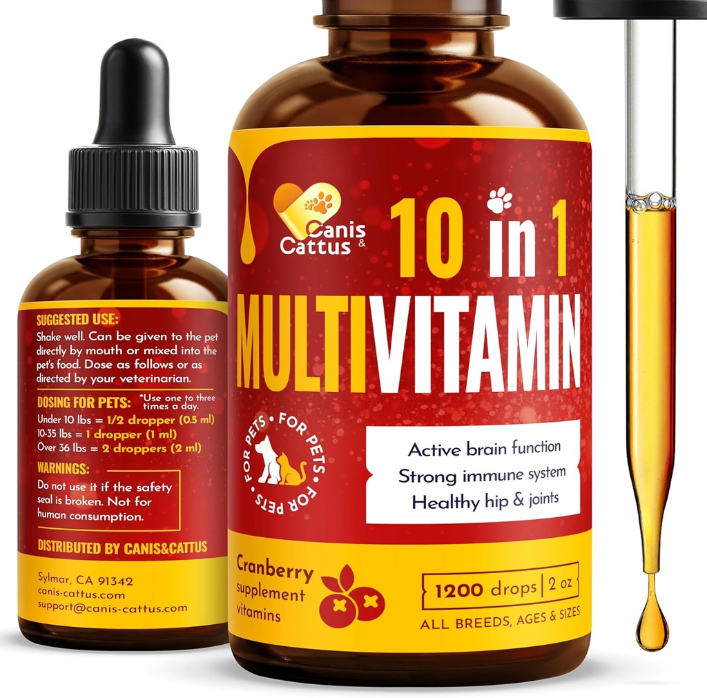 Canis limitadaCattus 10-in-1 Multivitamínico para perros y gatos – Glucosamina diaria, vitamina B, C & D3 Soporte - Suplemento líquido con arándano &amp; MSM – 2 oz