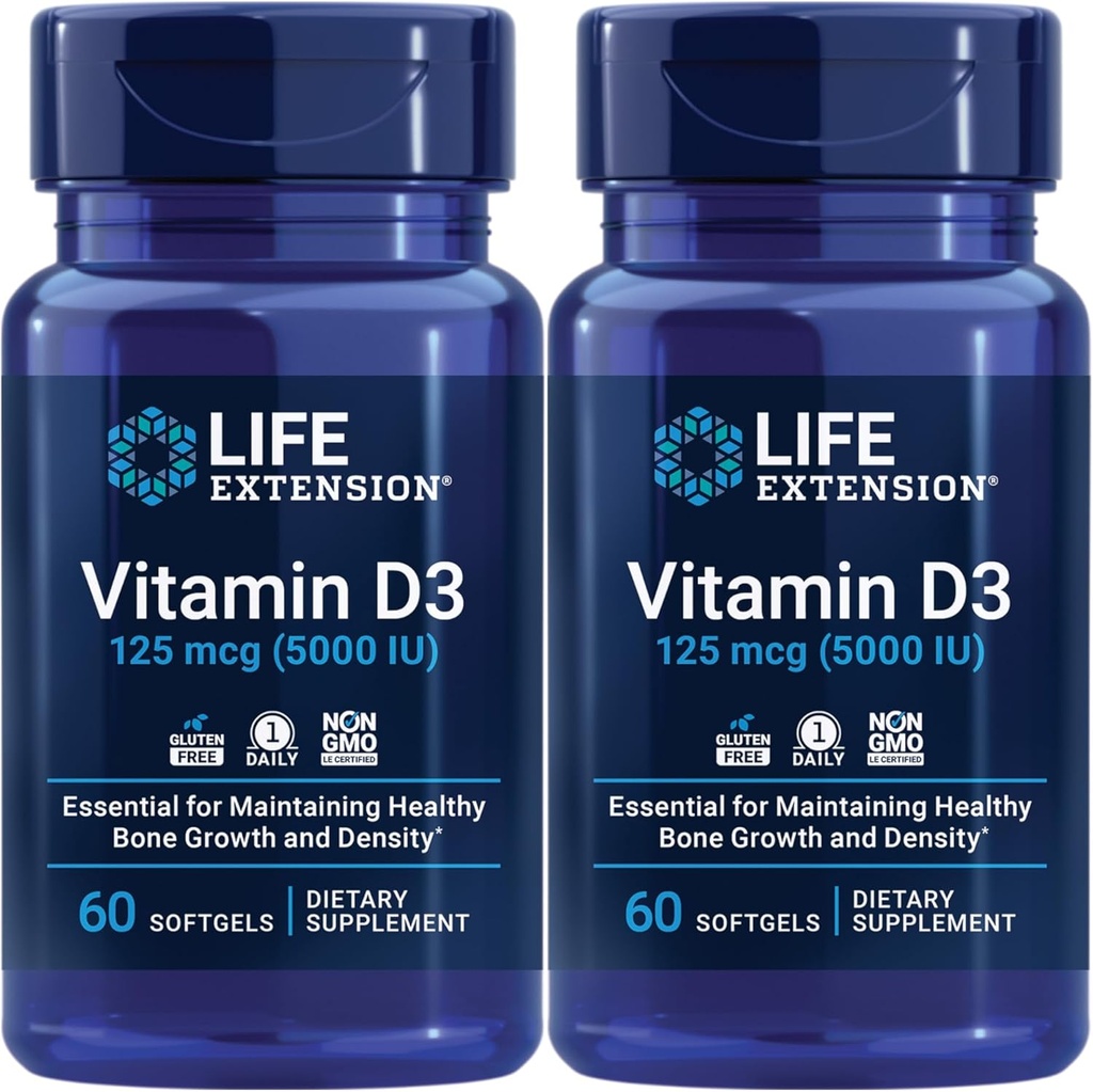 Ampliación de vida Vitamina D3 125 Mcg (5000 Iu) – Promueve la salud ósea, la salud cerebral y la función inmunológica – No GMO – Sin gluten – Dos paquetes – 2 x 60 Softgels