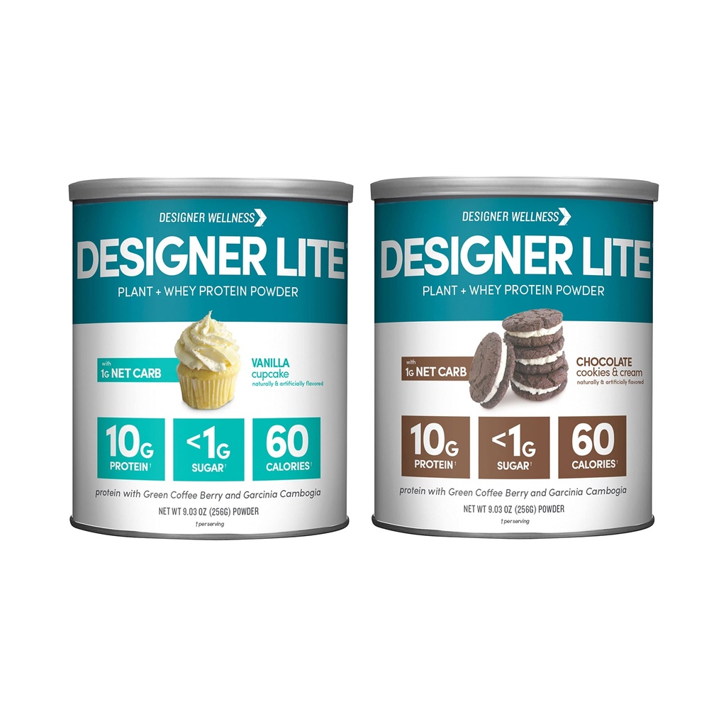 Designer Wellness, Designer Lite, Low Calorie Natural Protein, Prebiotic Fiber, Key Vitamins & Minerals, Vanilla Cupcake y Chocolate Cookies &amp; Cream Bundle