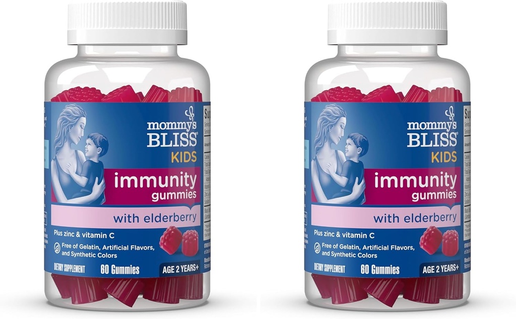 Mami's Bliss Kids Elderberry Gummies, Supports Immunity with Black Elderberry, Zinc &amp; Vitamin C, Gluten Free & Vegan, Age 2 Years+ (60 Count) (Pack of 2)
