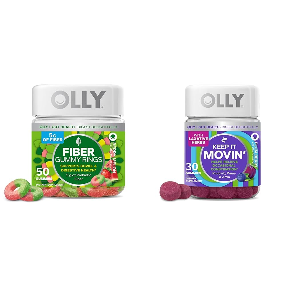OLLY Fiber Gummy Rings, 5g Prebiotic Fiber, FOS (Fructo-oligosaccharides), Digestive Support, Berry Melon 50ct &amp; Keep it Moving Constipation Relief, Rhubarb, Prunes, Amla - Plum Berry Flavor - 30ct