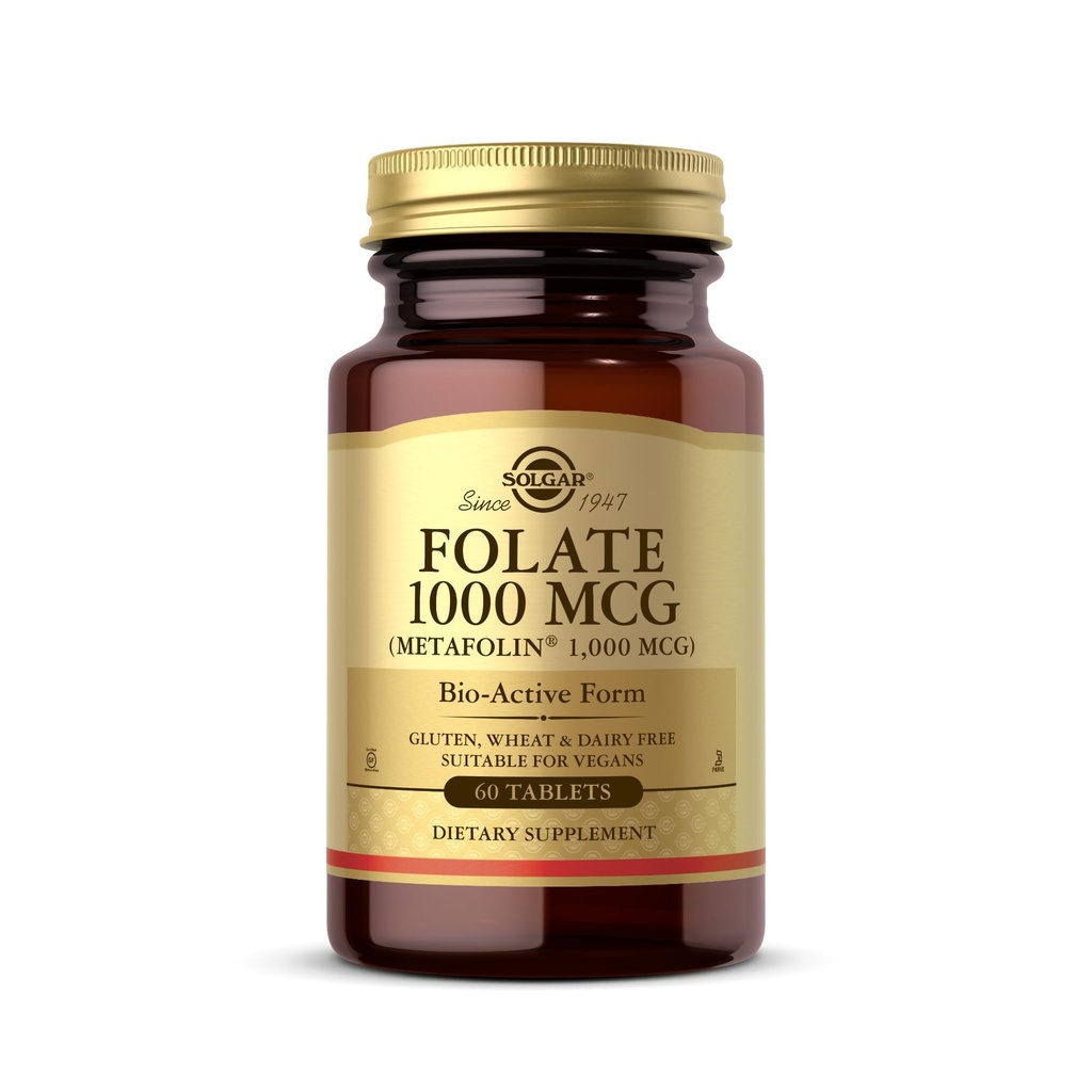 Solgar Folate 1000 mcg, 60 Tablets - 1000 mcg Bio-Active Metafolin - Vegan, Gluten Gratis, Dairy Free, Kosher - 60 Servings