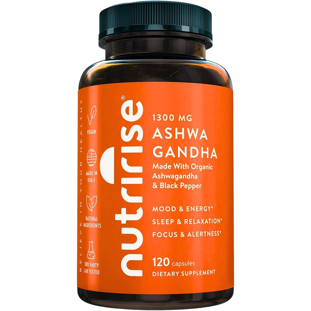 NutriRise Organic Ashwagandha Root Capsules with Black Pepper, 1300mg, Natural Stress & Mood, Thyroid, and Immune Support Suplemento, Clarity, Focus &amp; Energy, Gluten Free, 120 Count
