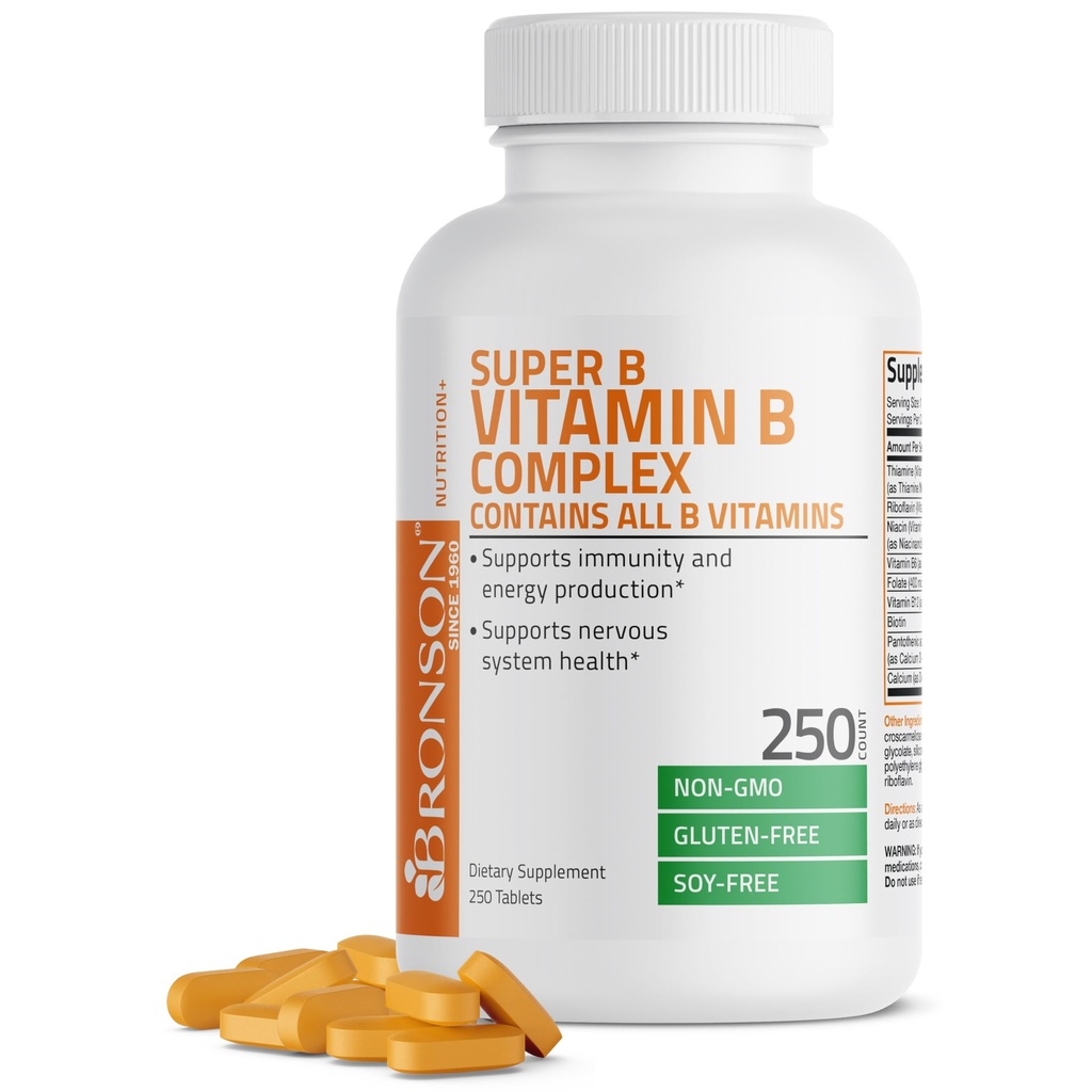 Complejo Bronson Vitamina B (Vitamin B1, B2, B3, B6, B9 - Ácido Fólico, B12), 250 Tabletas