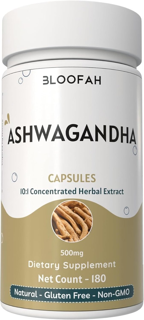 Ashwagandha Capsules 500mg ← Withania somnifera Concentrated10:1 Extracto Polvo Silencio Natural, No-GMO, Gluten-Free Herbal Suppleemnt Fórmula Botánica Tradicional (180 Cuenta (Pack of 1))