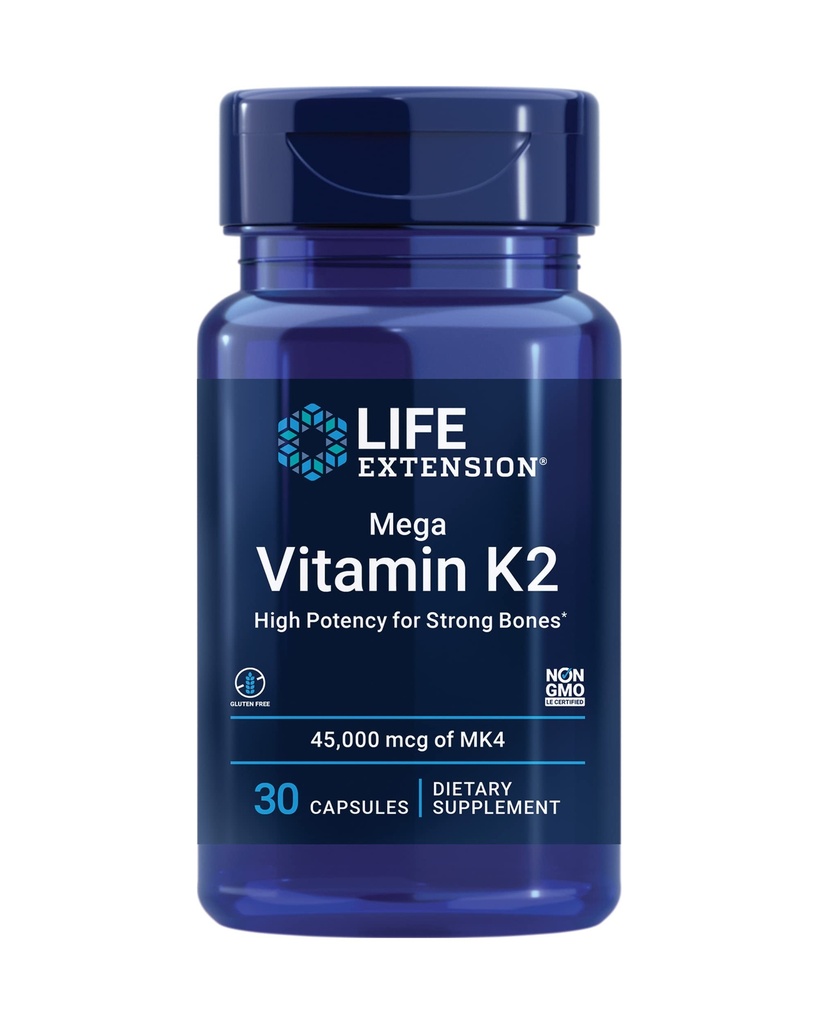 Prórroga de vida Mega Vitamina K2 Potencia alta para huesos fuertes, clínicamente estudiado 45 mg K2 Dosificación, promueve la densidad de huesos saludables, libre de gluten, no GMO, 30 cápsulas