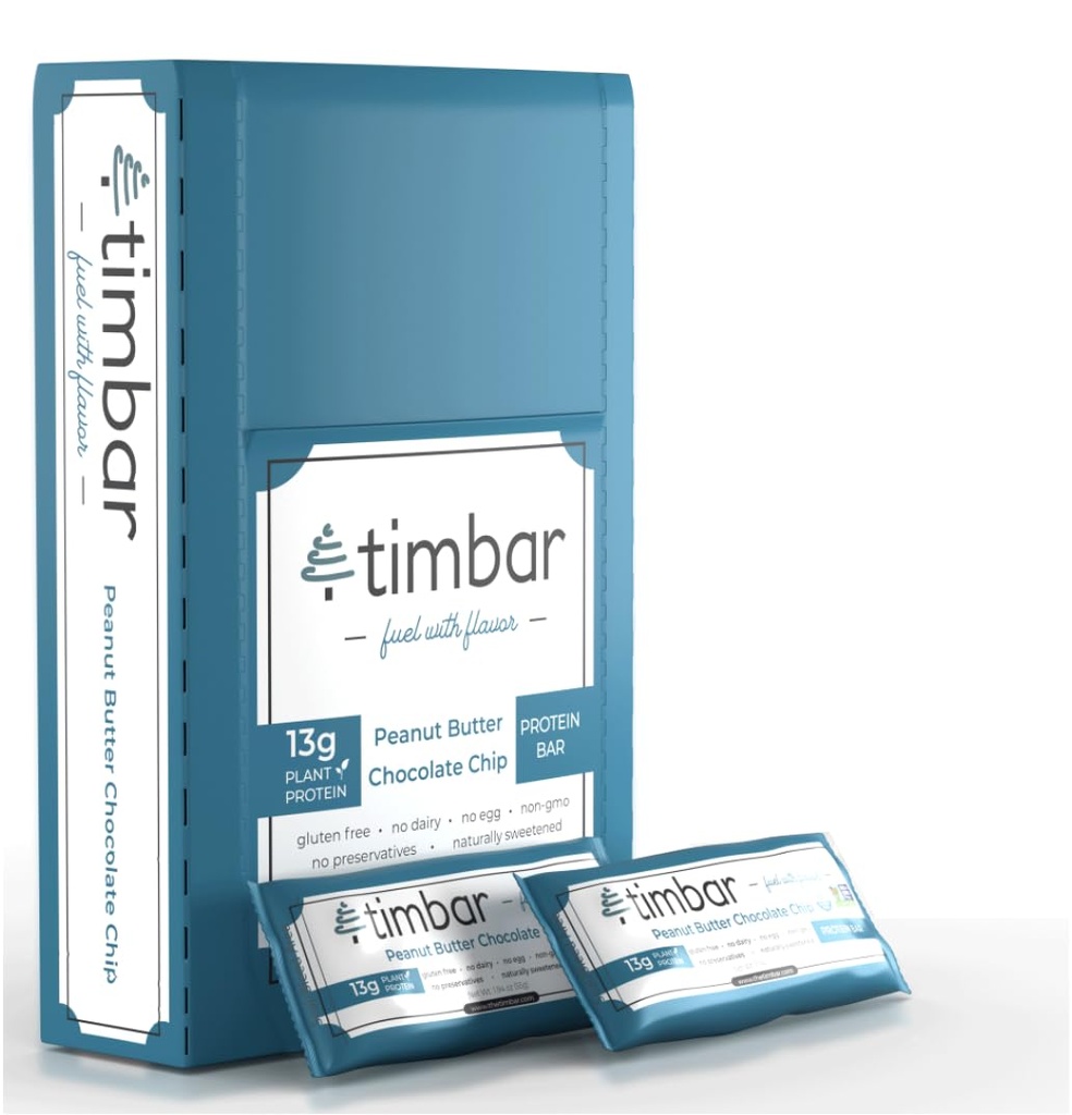 Timbar Protein Bares 12 Pack Ø Plant Based- Energy & Nut Bars with 13g Protein ¦ Gluten Free, Non-GMO, Dairy Free, Healthy On-the-Go Snack & Meal Replacement (12 Packs, Peanut Butter)