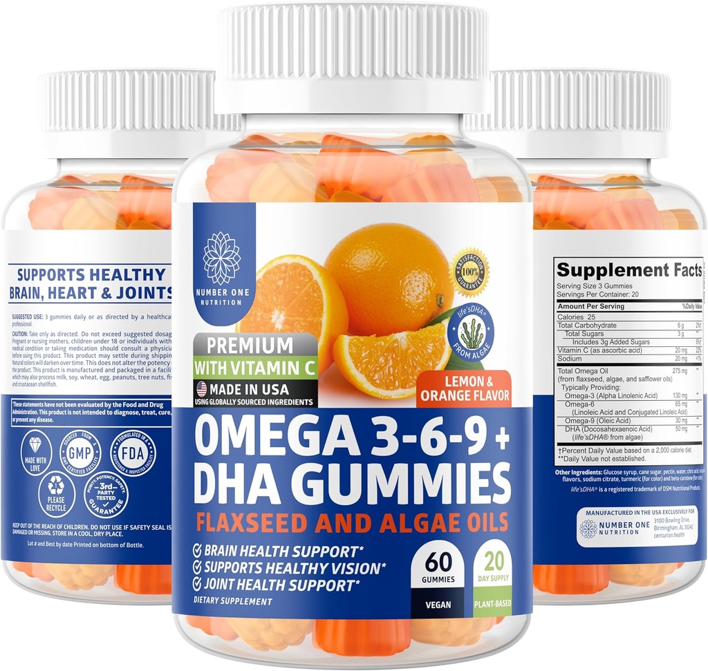 N1N Premium Omega 3 6 9 + DHA Gummies [Vegan, Plant Based] Natural Brain, Immunity and Joint Health Support with Vitamin C, 60 Gummies
