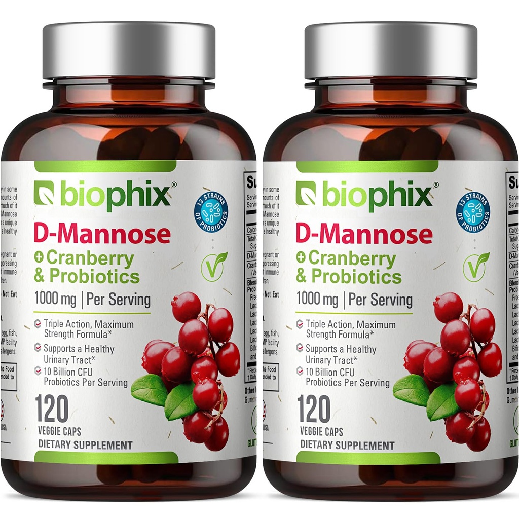 biophix D-Mannose 1000mg cápsulas con probióticos de arándano - D Mannose Suplementos para mujeres - D-Mannose Píldoras para el apoyo a la salud de tracto urinario - Digestive Well-Being - 120 Vcaps 2 Pack