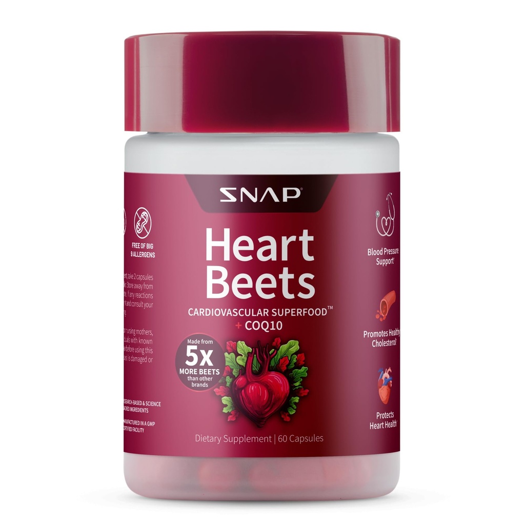 Snap Supplements Heart Beets Capsules with CoQ10, Cardiovascular Support Supplement for Men & Women, Superfood Made with 5X More Beets, Heart Health, Circulation & Cholesterol Support, 60 Capsules