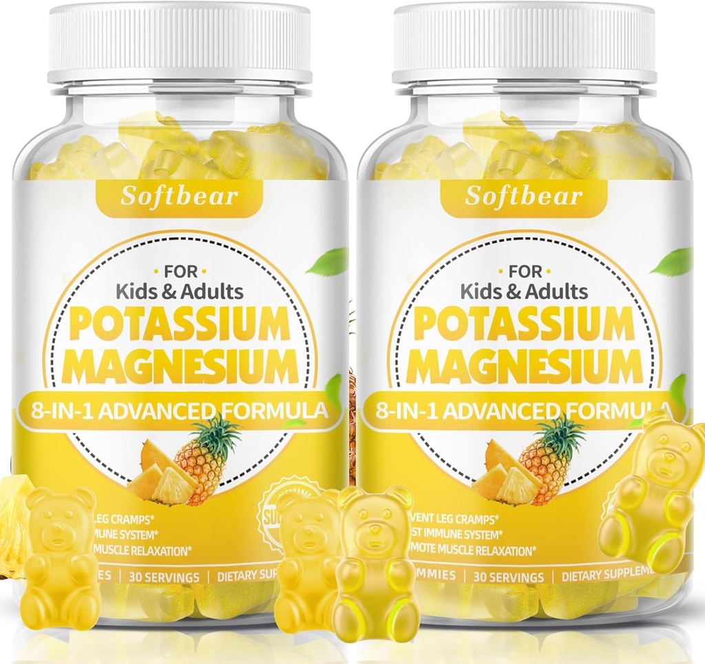softbear Gummies de Potasio para Adultos, Suplemento de Magnesio de Potasio Libre de Azúcar con Vitamina B6 CoQ10 para Cánceres de Musculo Vegan Pineapple Flavor 120 Gummies