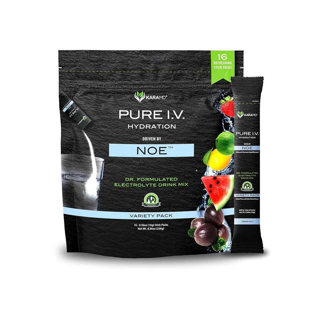 KaraMD Pure I.V. - Electrolyte profesional 4 Flavor Variety Powder Drink Mix – Refreshing " Delicious Hydrating Packets with Vitamins " Minerals – 4 Flavor Variety - 1 Bag (16 Sticks)