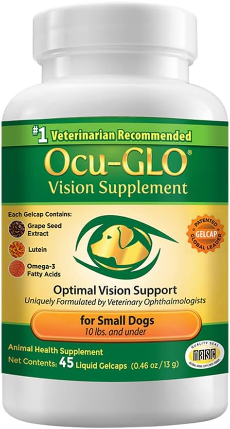 Ocu-GLO Suplemento de visión para perros pequeños por necesidad animal con luteína, ácidos grasos Omega-3, extracto de semillas de uva y antioxidantes para promover la salud de los ojos en perros, cápsulas líquidas 45ct