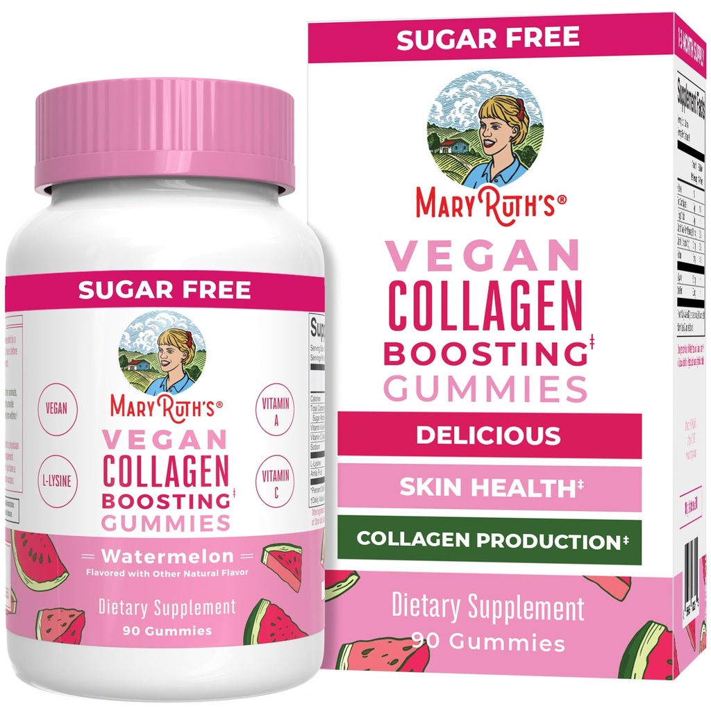 MaryRuth Organics Vegan Collagen for Women &amp; Men, Collagen Boosting Gummies, Skin Care, Lysine, Vitamina C, Vitamina A, Amla, Suplemento para el pelo &amp; Skin, Vegan, Non-GMO, Gluten Free, 90 Servings