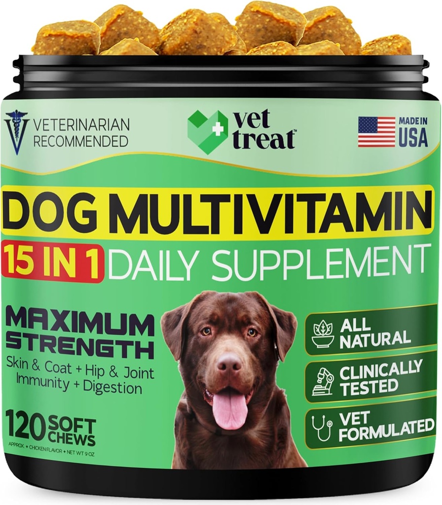 Perro multivitamínico Aceite de Salmón con Glucosamina – Hecho Estados Unidos – Puppy &amp; Senior Suplemento – 120 Chews – Daily Wellness Support for Joints, Immune System, Skin & Coat, Heart " Digestion