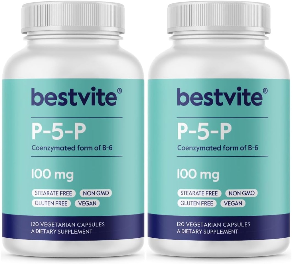 BESTVITE P-5-P 100mg (240 cápsulas vegetarianas) (120 x 2) (Formación congestionada de B-6) - No Stearates - Vegan - No GMO - Gluten Free