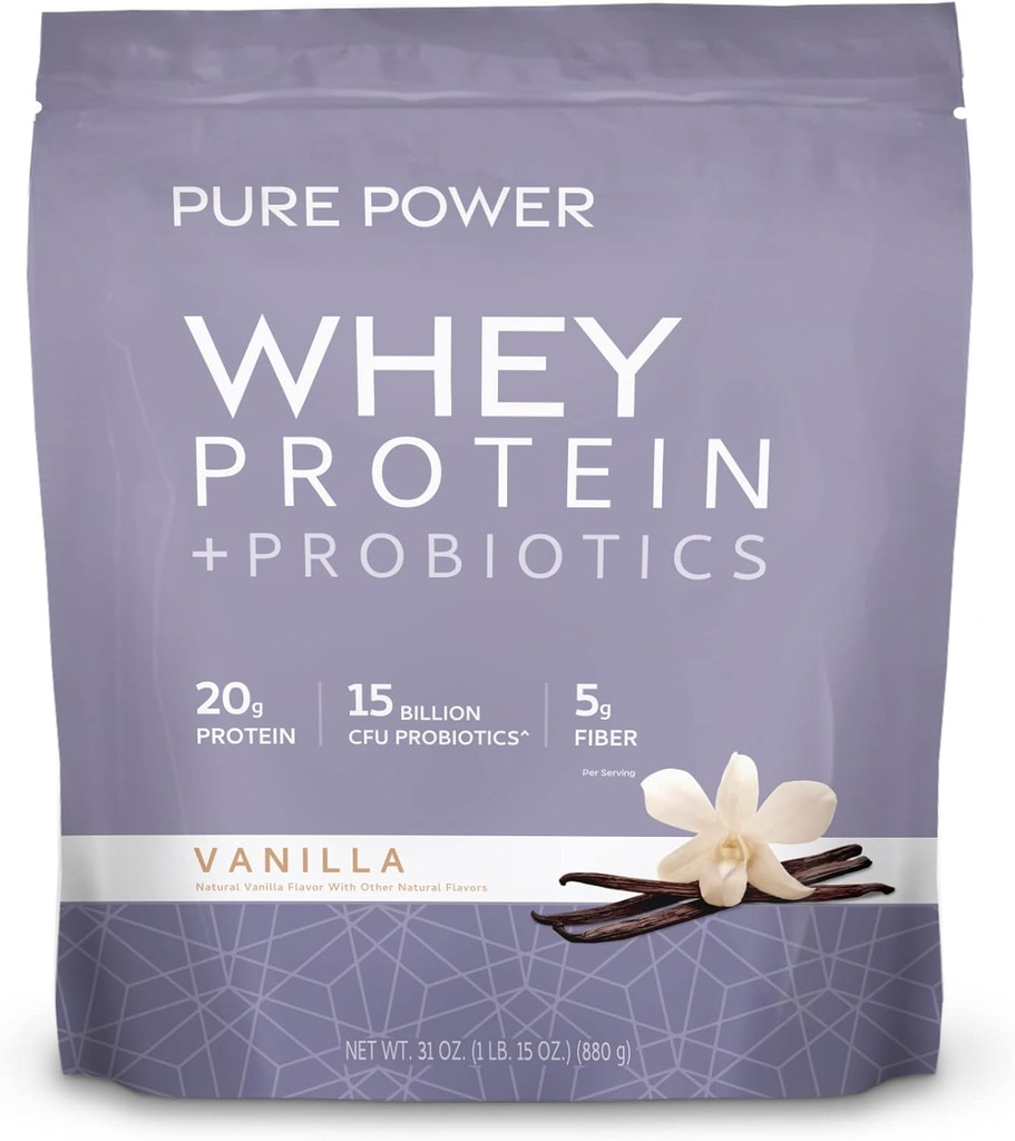 Dr. Mercola Pure Power Whey Protein + Probióticos - 15 Billion CFU - Gut, Muscle & Immune Support - with MCTs & Fiber - Non-GMO & Gluten-Free - 31 oz (22 Servings) - Vanilla