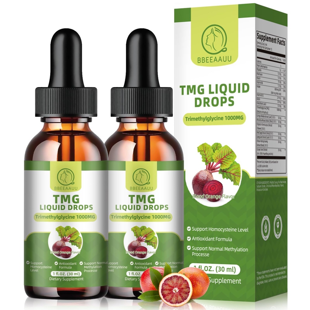 TMG Supplements 1000MG - Trimetilglycine Liquid Drops, Betaine High Absorption, Supports Methylation, Liver Wellness & Cognitive, Non-GMO, Vegan, Blood Orange Flavor, 1 Fl.Oz (2 Pack)