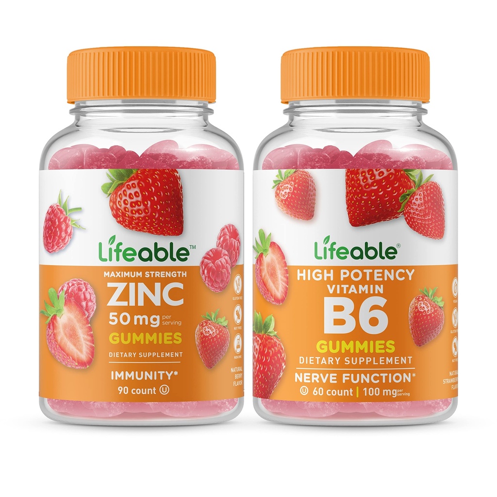 Zinc Lifeable 50mg + Vitamina B6, Gummies Bundle - Gran Tasting, Suplemento de vitaminas, Gluten Gratis, GMO Gratis, Chewable Gummy