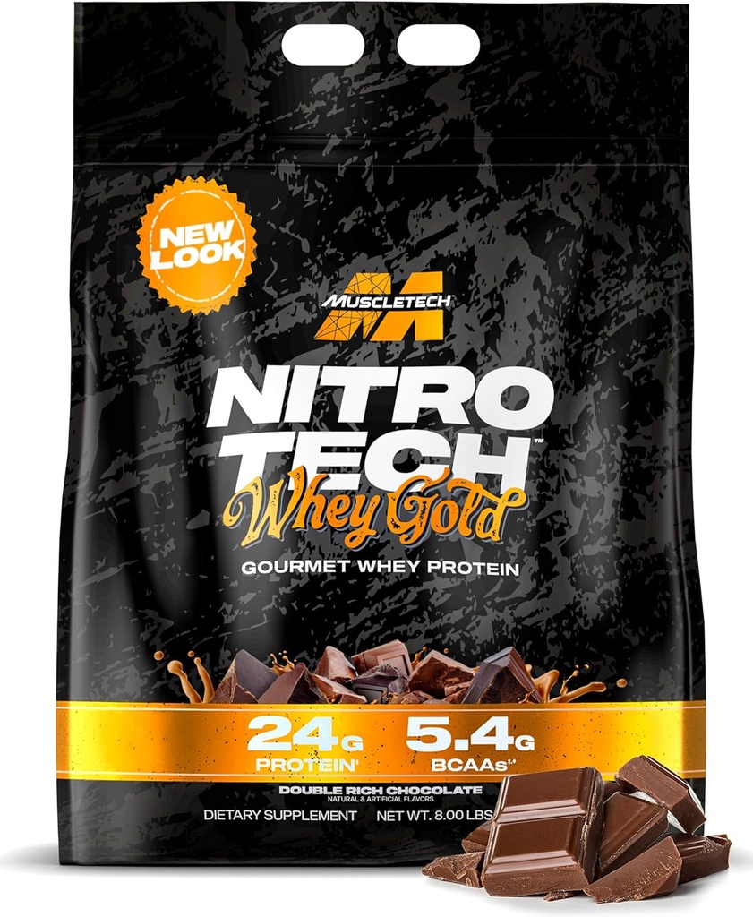 Muscletech Whey Protein Powder (Doble Rich Chocolate, 8LB) - Nitro-Tech Whey Protein Isolate Smoothie Mix para Lean Muscle & Recuperación - 24g de Whey Gold Protein para Hombres de Mujer - Embalaje Mayo Vary