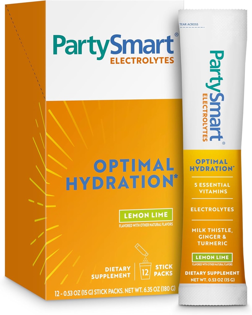 Himalaya PartySmart Lemon Lime Electrolytes Powder Packets, 12 Cuenta, Asistencia Hidratación, Rehidratación con Sodio & Potasio, Vitamina C & más, Antioxidante Recuperación de Láctea de Leche, Ginger & Turmeric