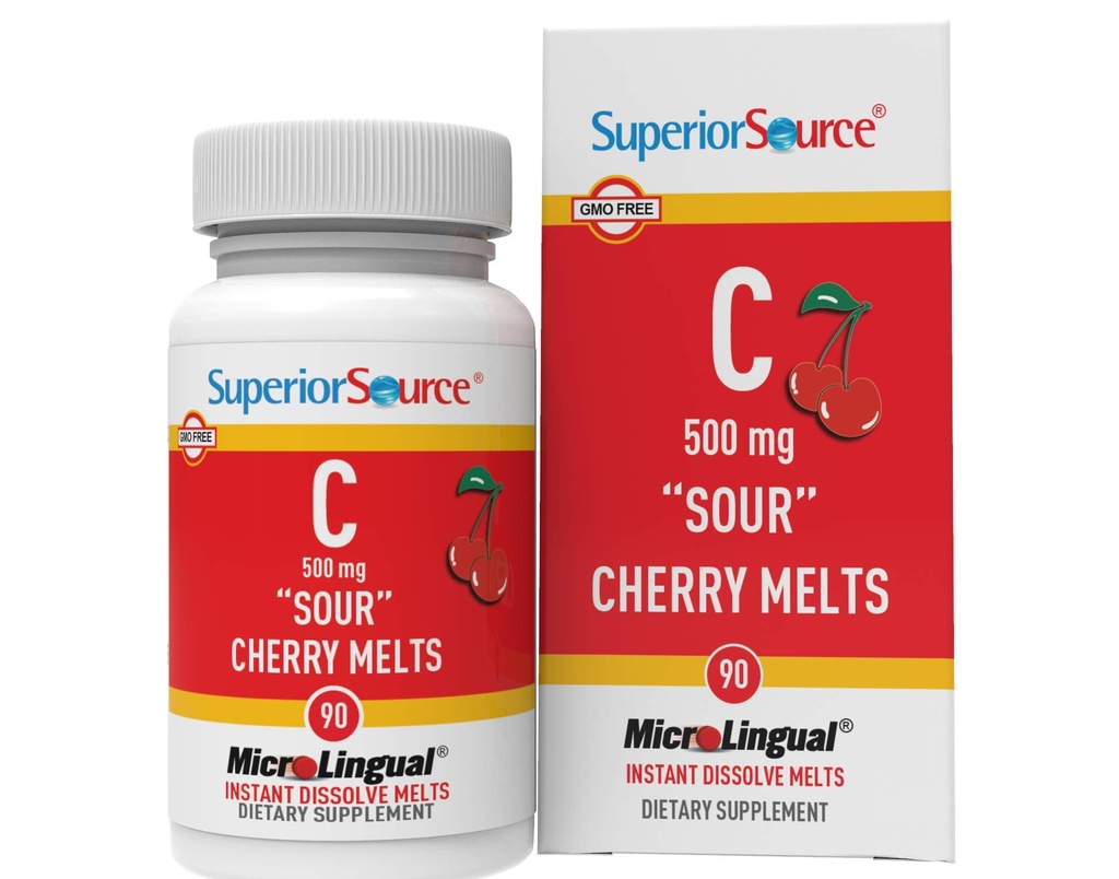 Fuente superior Vitamina C 500 mg Mantas de cereza de azufre - Suplemento diario de vitaminas Immune Health - Vitamina C Formula Aids Cell Health - 90 Tablets sublinguales de disolución