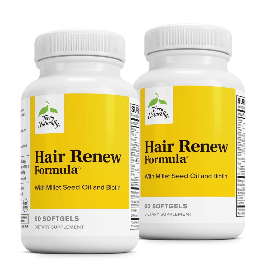 Terry Naturalmente Hair Renew Fórmula - Suplemento de Crecimiento del Peluquero Biotina & ácido fólico - Millet Seed Oil for Keratin Production Support - 60 Softgels, 2 Pack