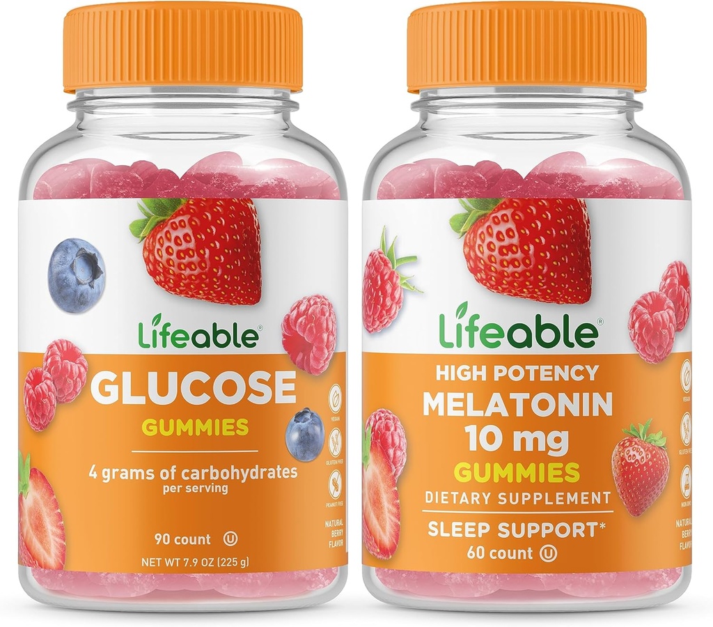 Glucose Lifeable + Melatonin 10mg, Gummies Bundle - Great Tasting, Suplemento de vitamina, Gluten Gratis, GMO Gratis, Chewable Gummy