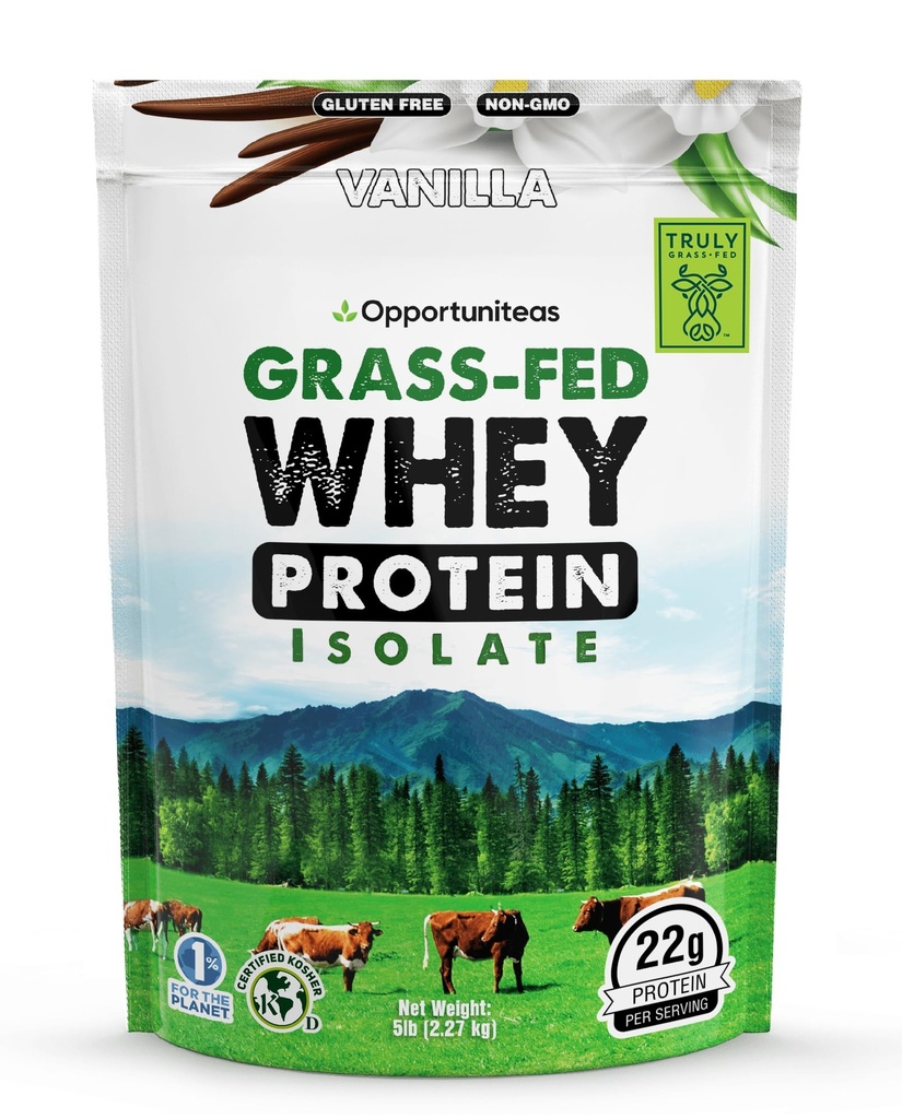 Opportuniteas Grass Fed Vanilla Whey Protein Isolate Powder - 22g Protein Powder Sin Sweeteners artificiales, Vacas sin hormonas, No GMO - 5lb
