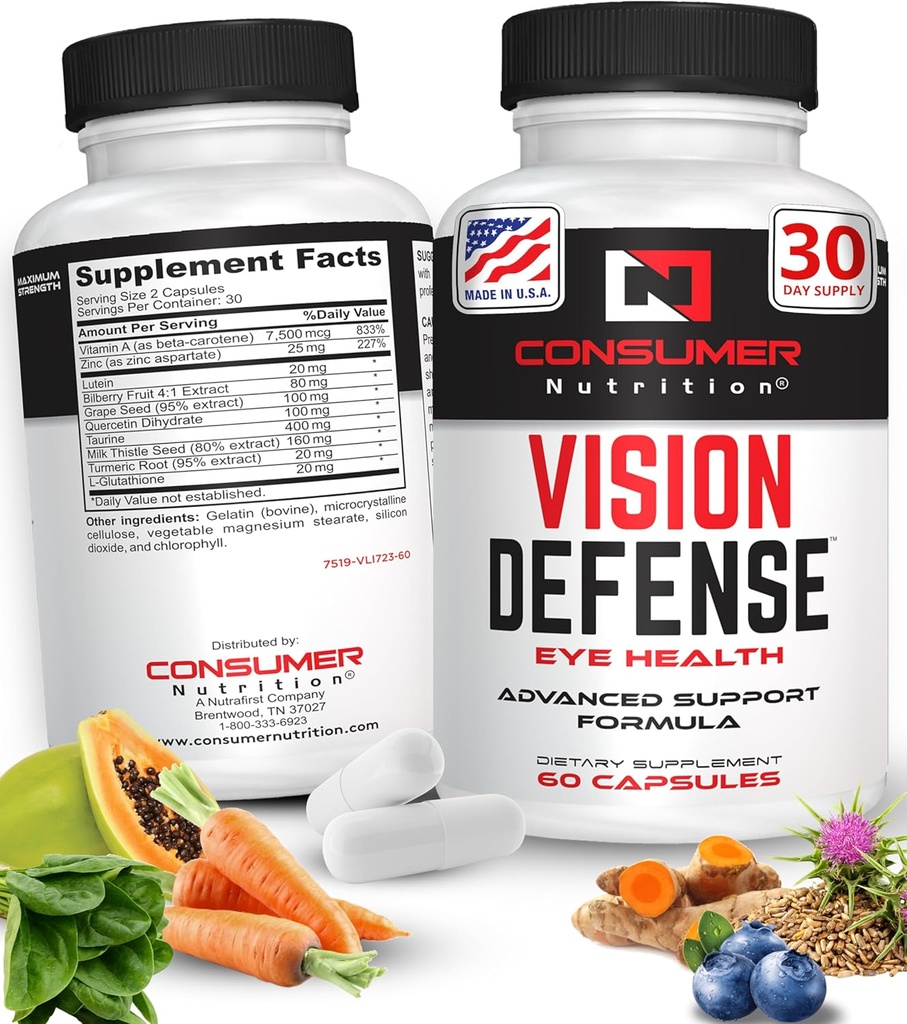 Suplementos de salud ocular para adultos - Soportes &amp; Protege la salud ocular con vitamina A, Lutein, Taurina, raíz tormérica, extracto de semilla de uva &amp; esteto de leche - Vision Defense 60 Ct