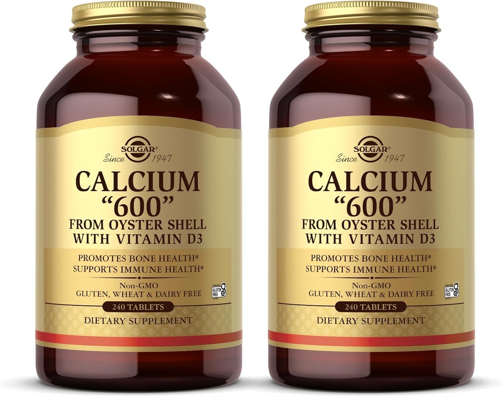 Solgar Calcio 600" - 240 Tabletas, Pack de 2 - de Oyster Shell con vitamina D3 - No GMO, Gluten Gratis, Dairy Gratis - 240 Total Servings