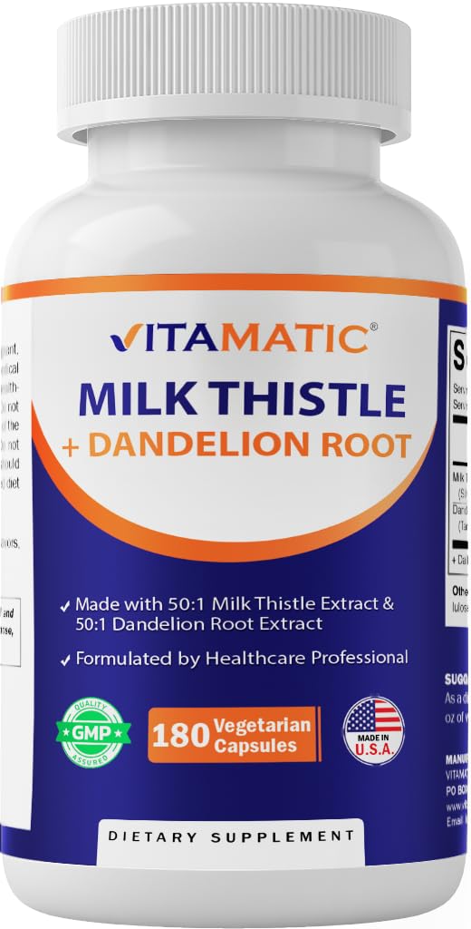 Vitamatic Milk Thistle 50:1 Extracto 500mg, Dandelion Root 50:1 Extracto 100mg, 180 cápsulas vegetarianas, no GMO, Gluten Free